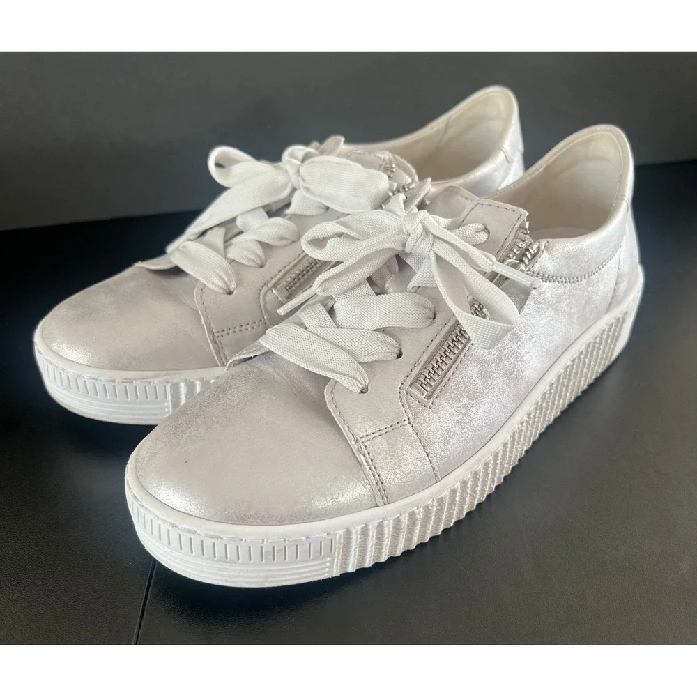 Gabor Best Fitting Silver Metallic Leather Side Zip Platform Sneakers Shoes 6